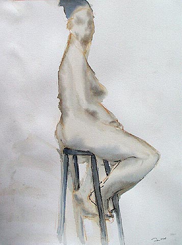 watercolor and pencil drawing of seated female nude