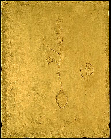 shallow relief of sculpture study in gold encaustic on panel